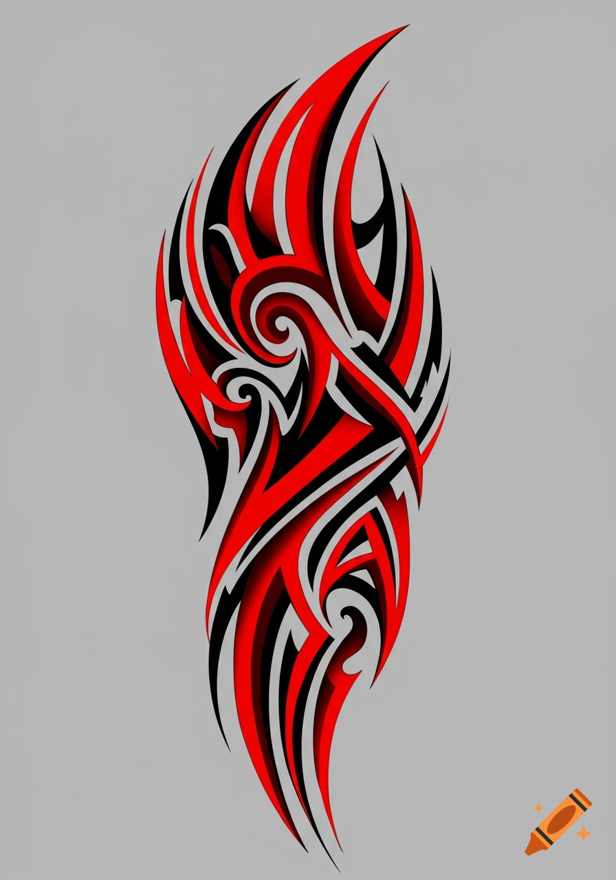 A vibrant red and black tribal tattoo design with sharp, swirling lines on a plain gray background.