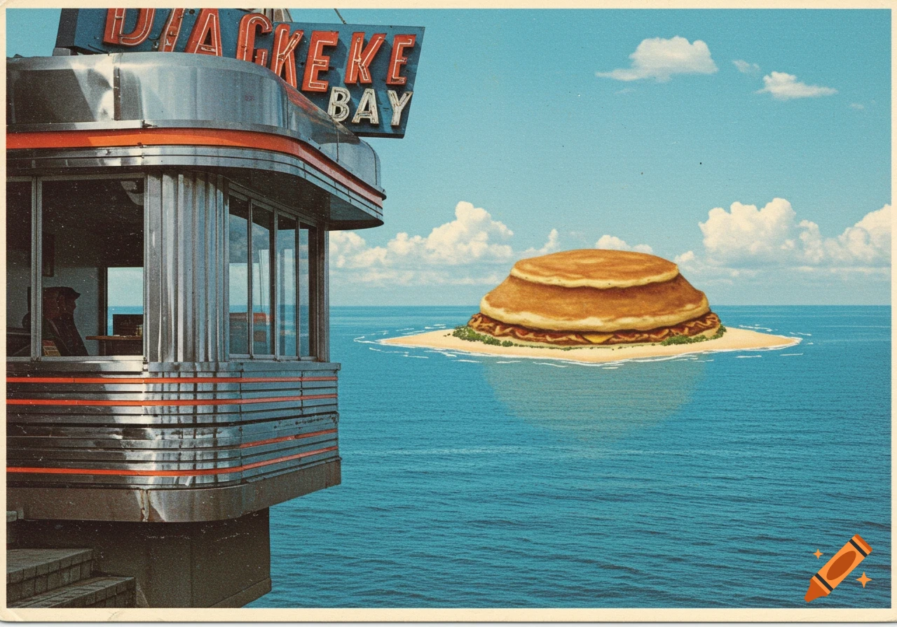 Surreal vintage postcard of a retro diner overlooking a pancake-shaped island in the ocean under a blue sky with clouds.