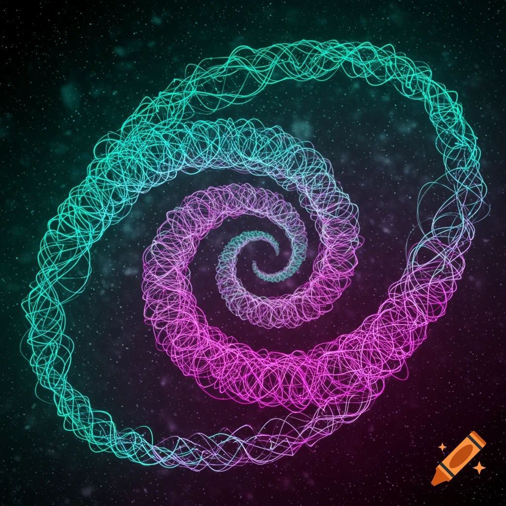 A glowing spiral made of thin, wavy teal and magenta lines against a dark, star-filled background.