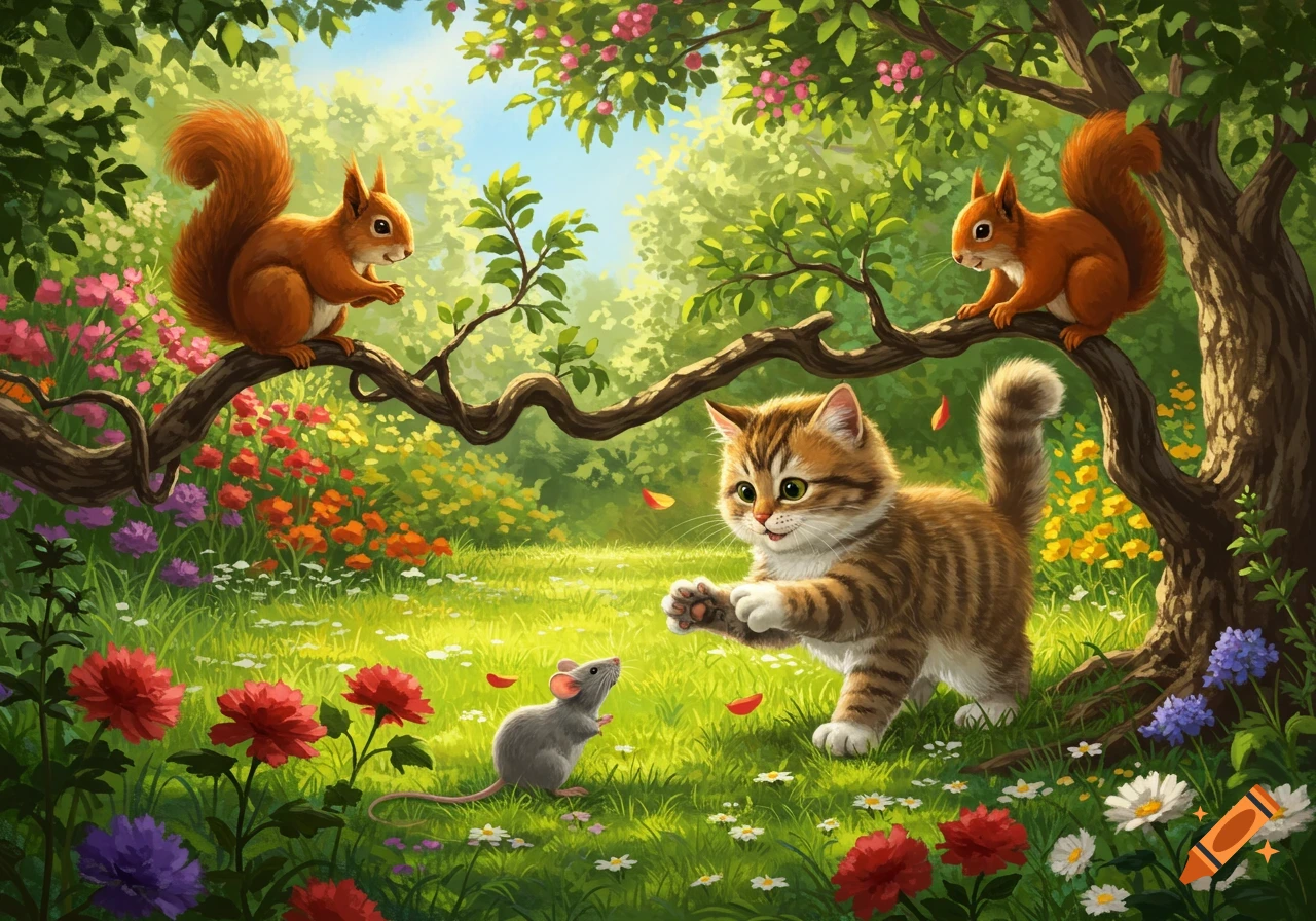 A cute kitten playing with a mouse in a vibrant, colorful garden, watched by two squirrels on a tree branch.