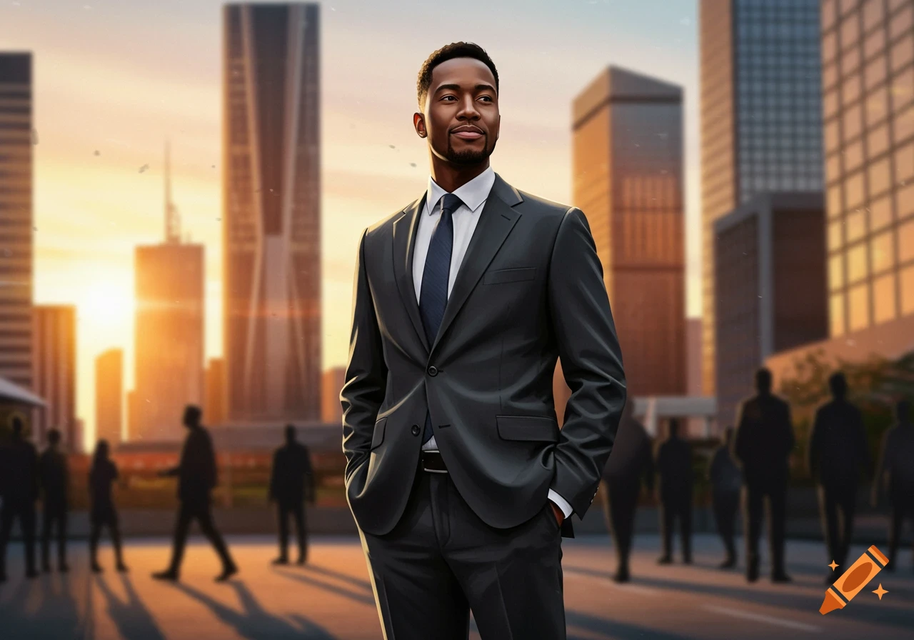 A confident African American man in a dark suit and tie stands in a city at sunset, with blurry buildings and silhouettes in the background.