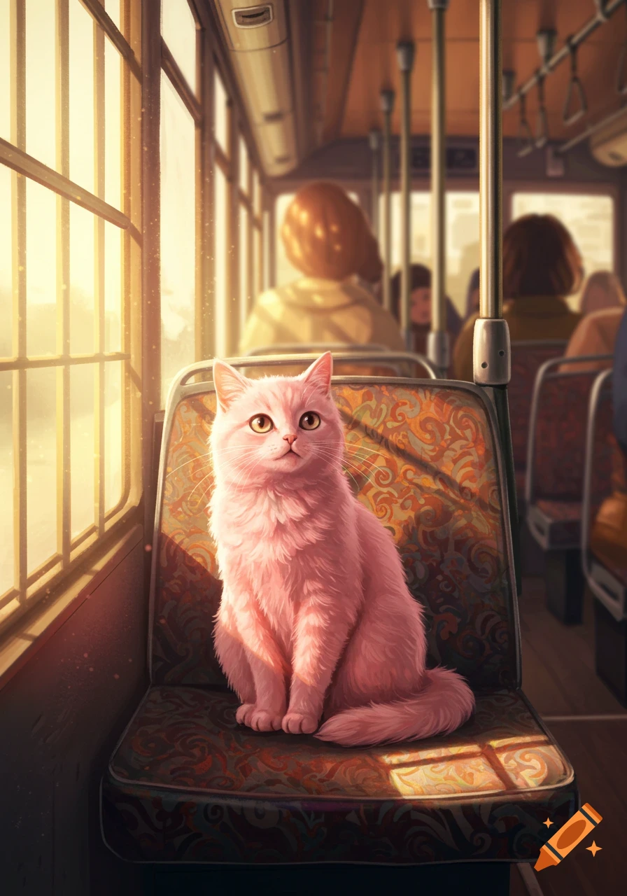 A fluffy pink cat sits attentively on a patterned seat inside a sunlit bus with blurred passengers in the background.