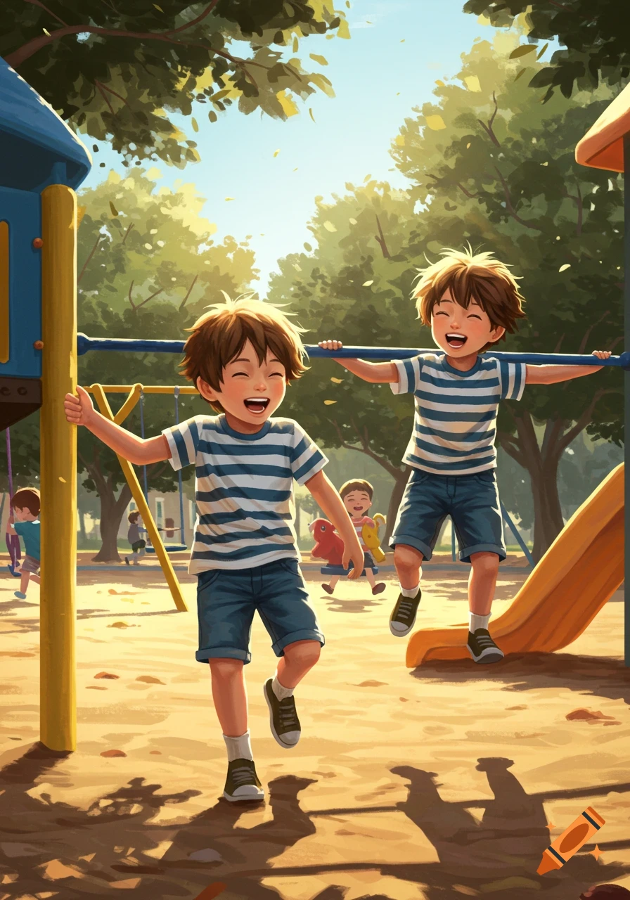 Two cheerful boys with brown hair play on a sunny playground, surrounded by other children, in a vibrant illustrative style.