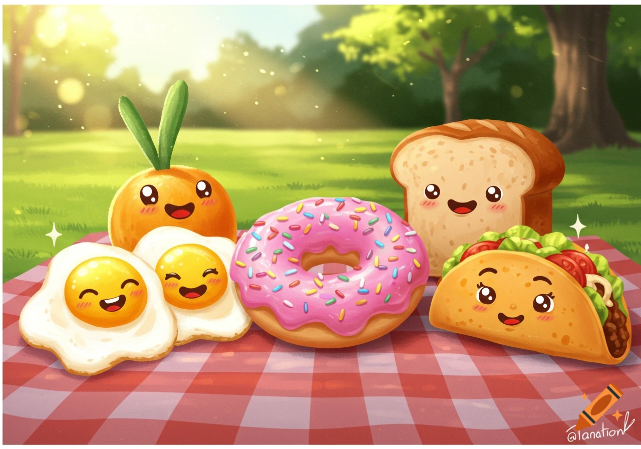 Cute cartoon food characters including eggs, a donut, bread, and a taco on a picnic blanket in a sunny park.