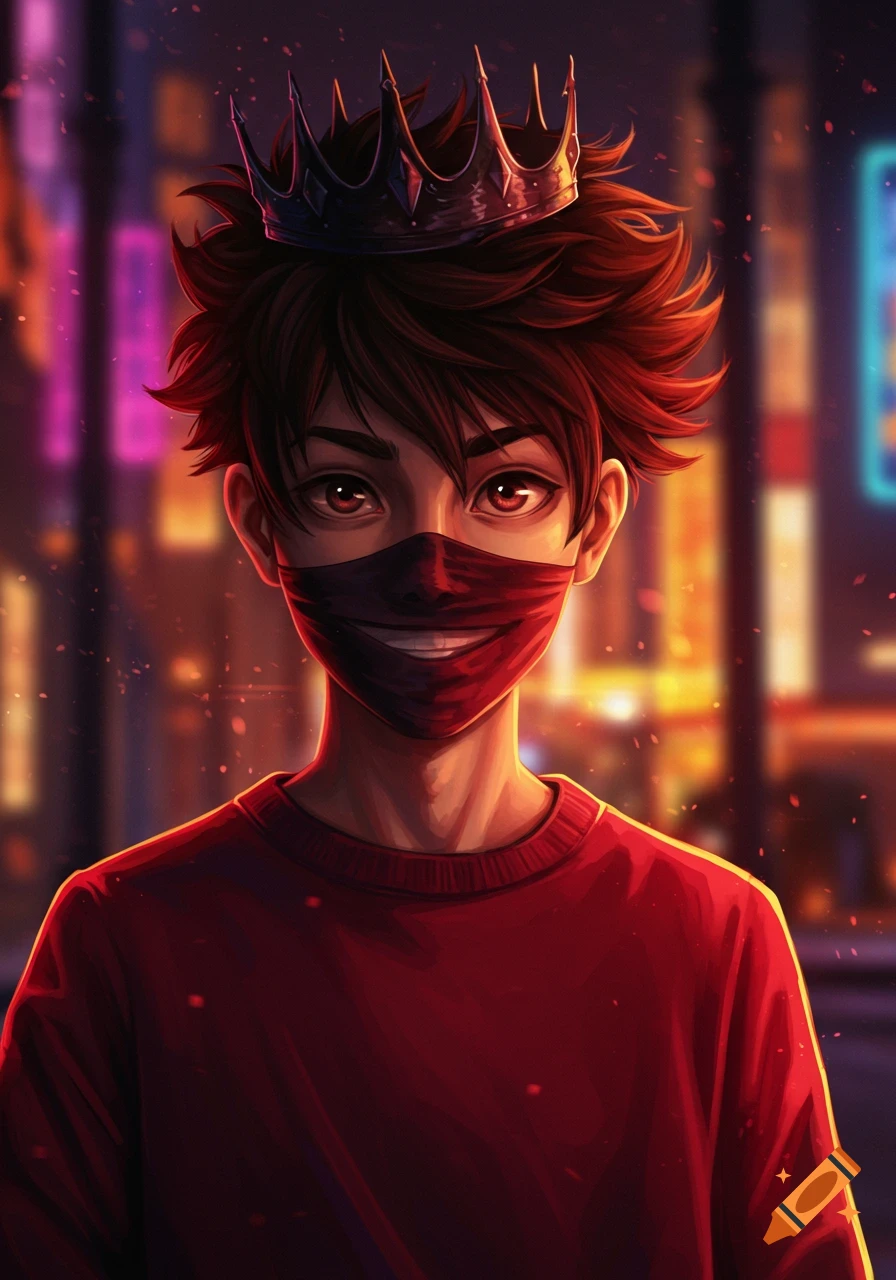 Anime boy with red hair, a black crown, and a red face mask, wearing a red sweatshirt against a blurry city night background.