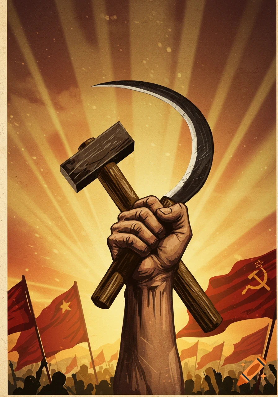 A stylized propaganda poster shows a raised fist holding a hammer and sickle against a backdrop of red flags and a crowd.