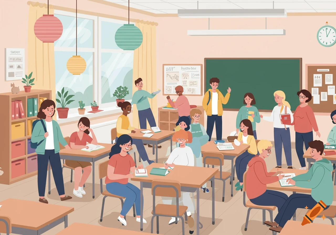 Flat design illustration of a busy school classroom filled with diverse students and teachers, some standing, others seated at desks.