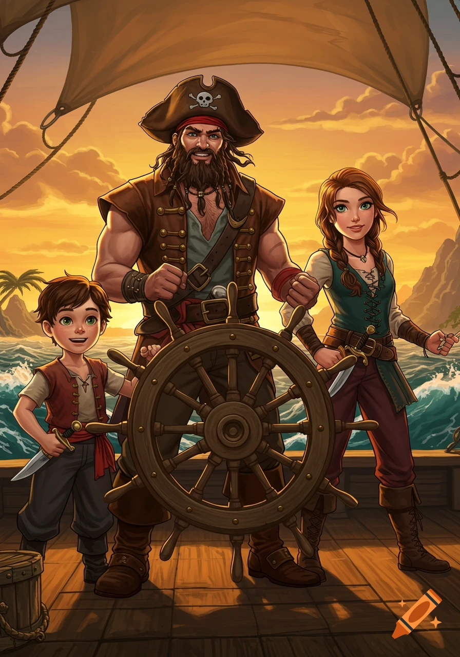 An illustrated pirate family: a man at the ship's wheel with a boy and girl holding daggers, on deck at sunset.