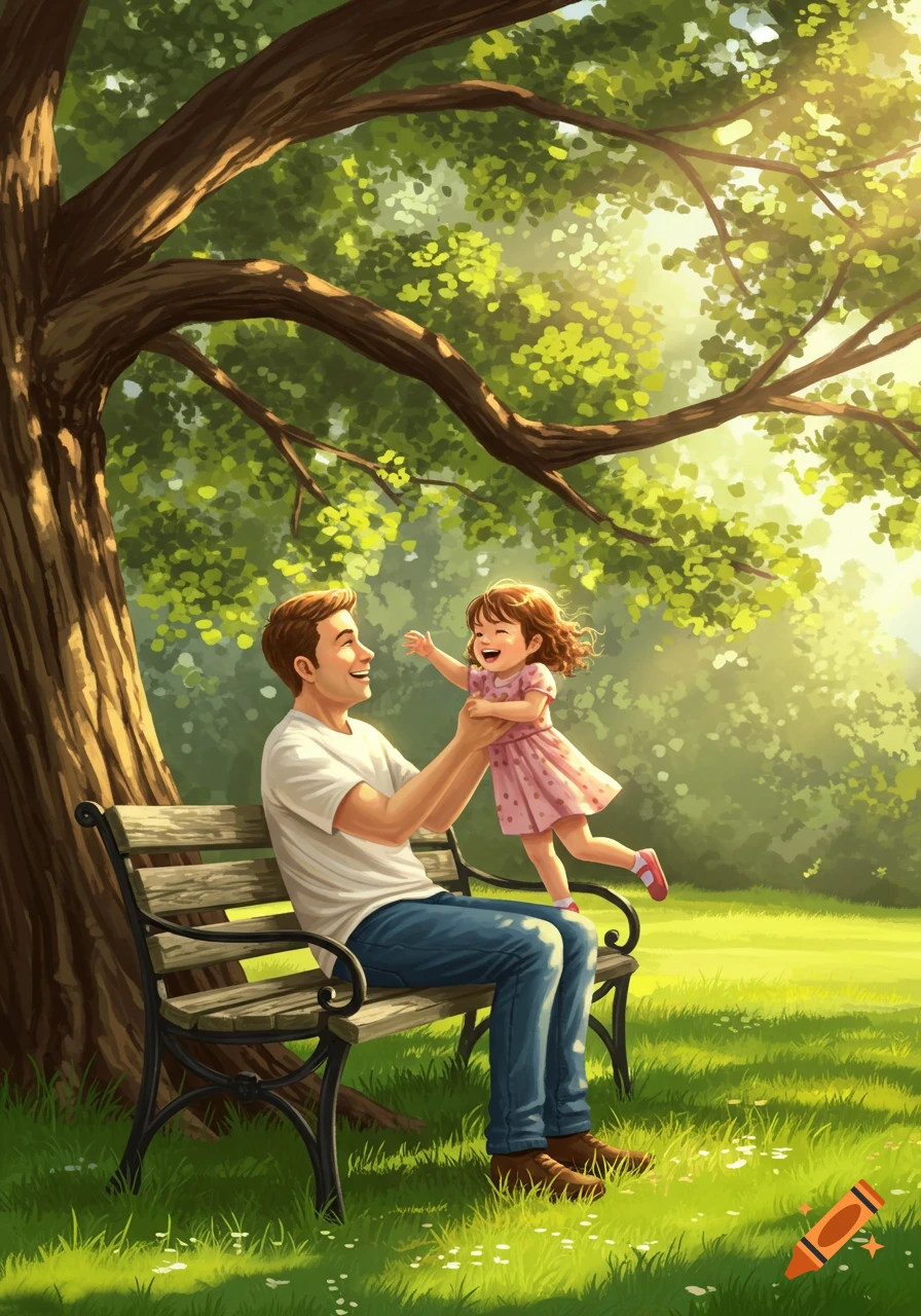 A man and a young girl playing happily under a large tree in a sunny park, in an illustrative style.