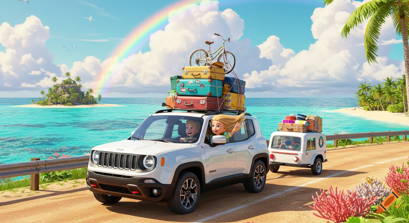 A cartoon blonde couple drives a white Jeep with piled luggage and a bicycle on a sunny tropical coastal road, with a rainbow over the turquoise ocean and a distant island.