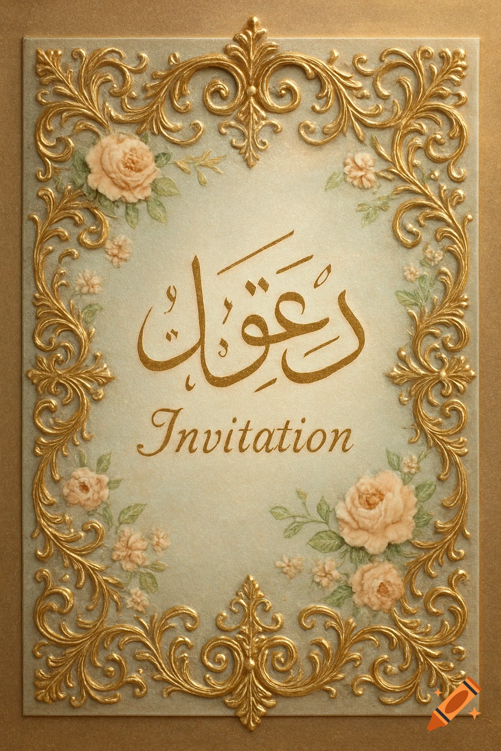 An ornate golden invitation card with Arabic calligraphy, the word 'Invitation' in English, and embossed peach roses.