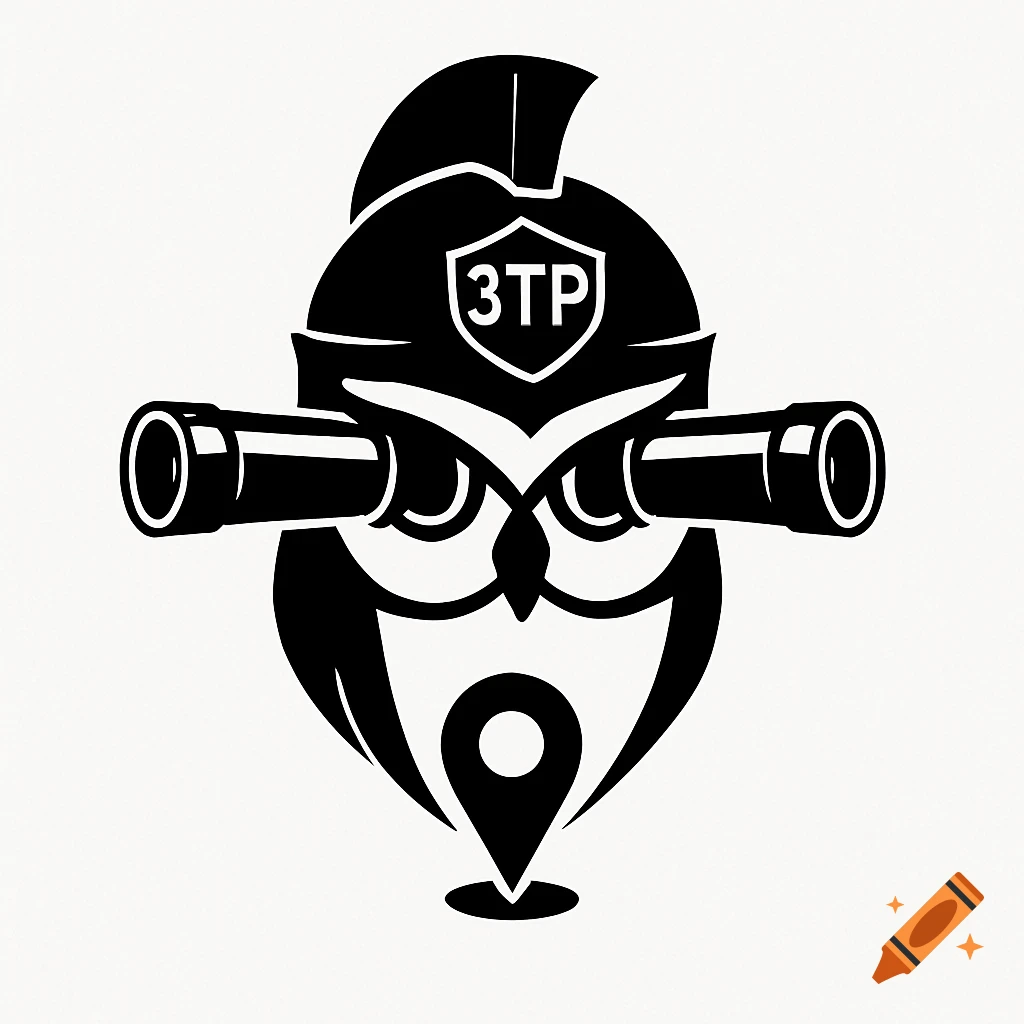 Simple monochrome owl logo wearing a Spartan helmet with '3TP' badge, camera lenses for eyes, and a location symbol below.