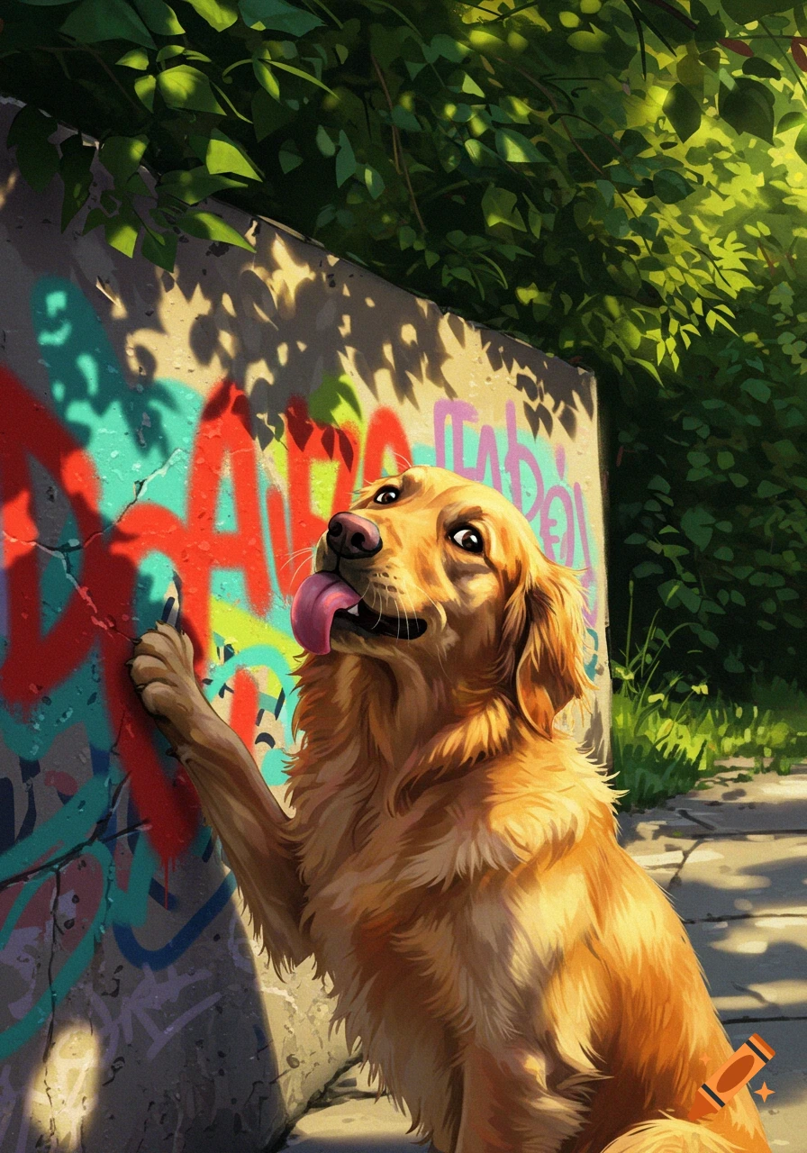 A golden retriever dog enthusiastically licks a colorful graffiti-covered wall outdoors, rendered in a bright, painterly style.