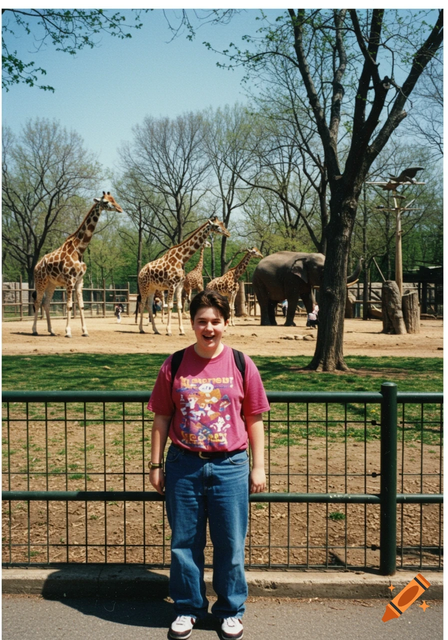 A young person wearing a t-shirt and jeans smiles in front of a zoo enclosure with giraffes and an elephant.