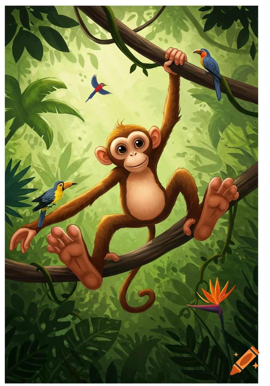 A cheerful cartoon monkey with large feet and hands hangs from a jungle tree branch, with tropical birds and foliage.