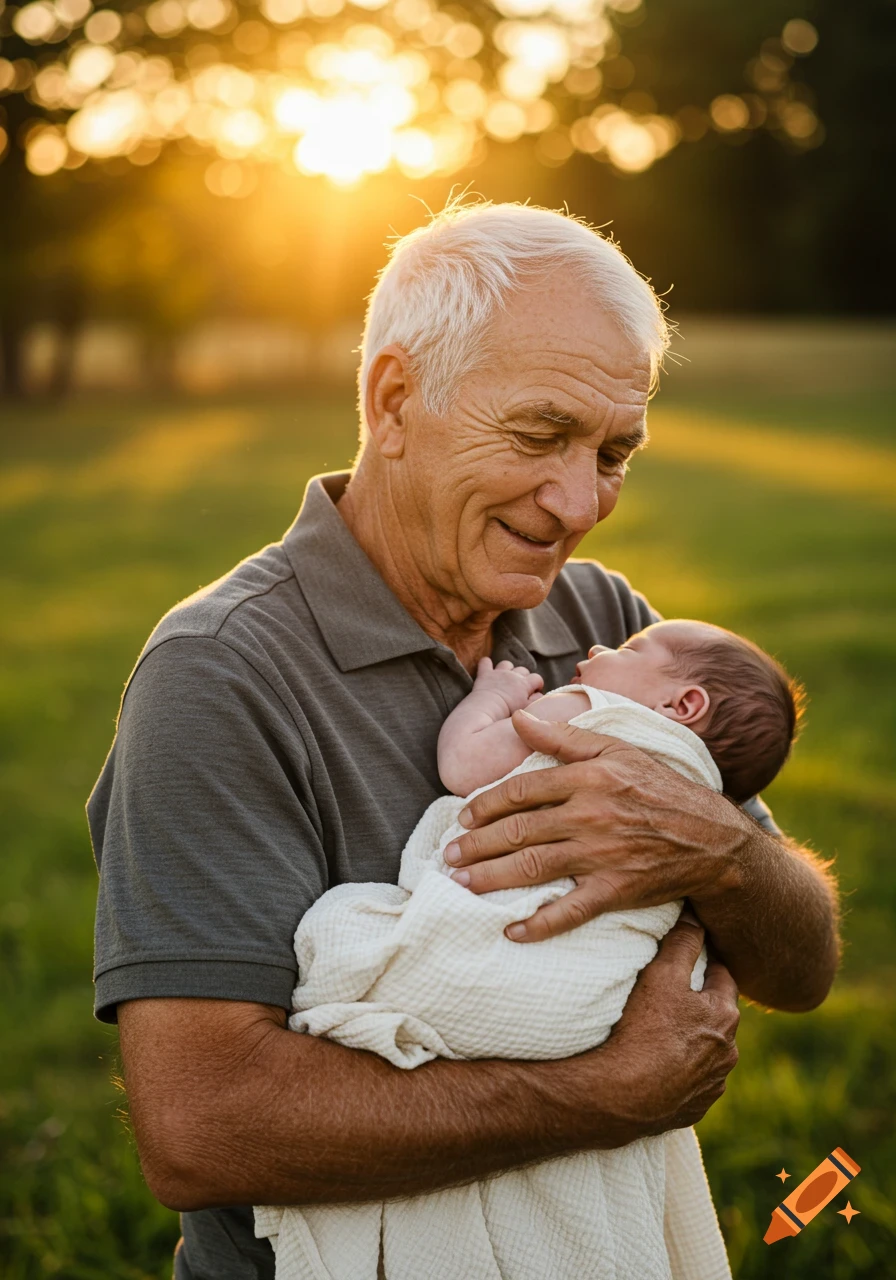 A smiling elderly man with white hair holds a swaddled baby outdoors at sunset.