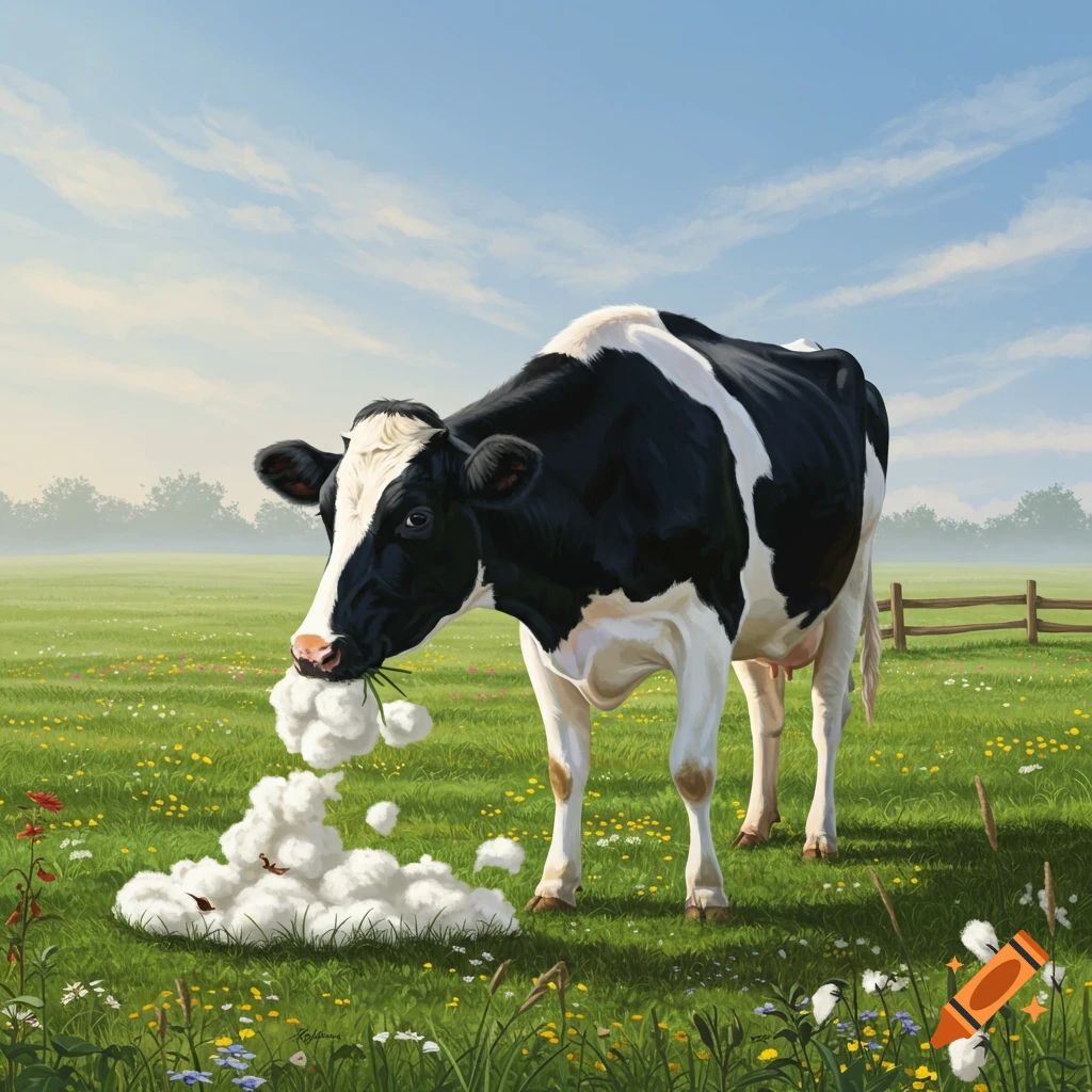 A black and white cow in a green, flowery field expelling large clumps of white cotton from its mouth, with more cotton on the grass.