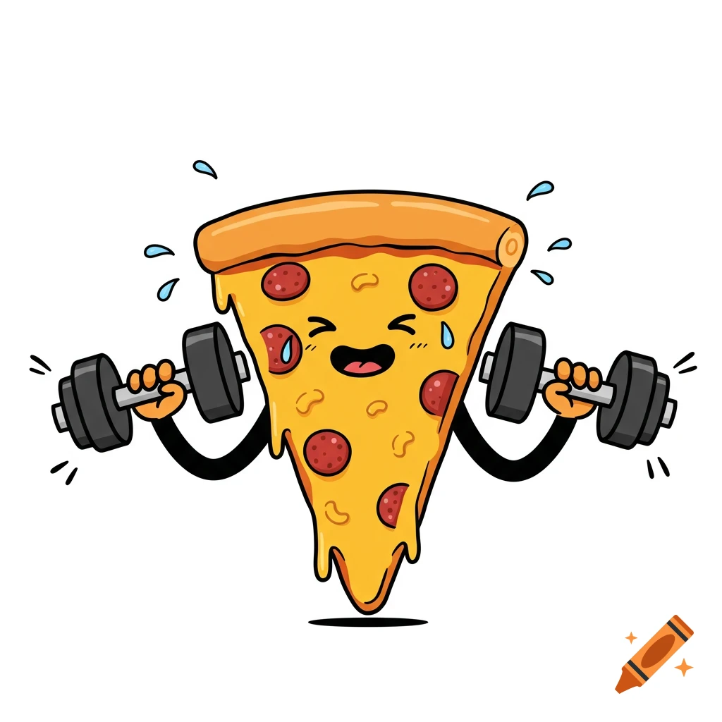 Cartoon pizza slice with a happy, straining face, sweating and lifting two heavy dumbbells.