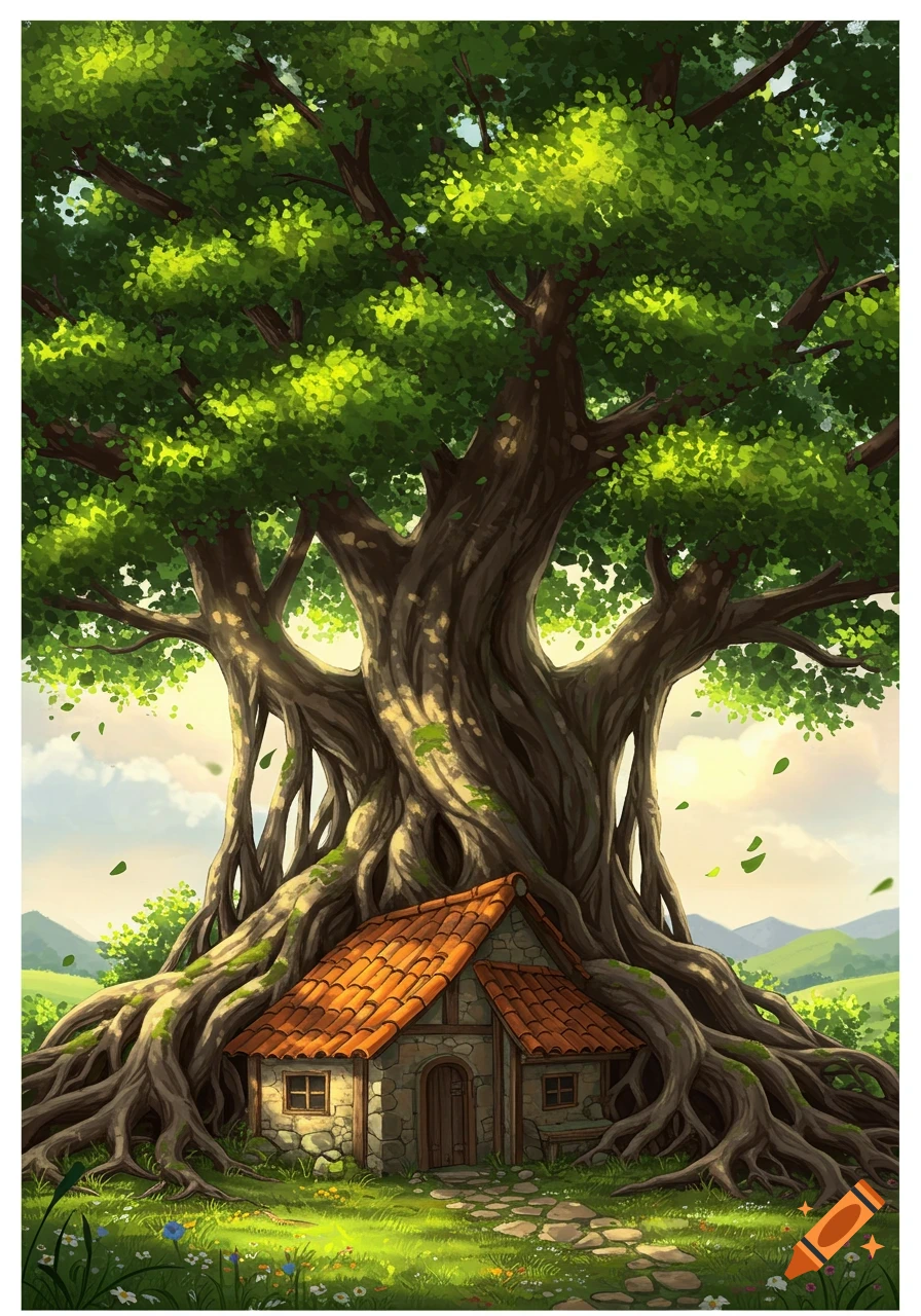 Stylized illustration of a quaint stone cottage with an orange roof nestled in the massive roots of a giant, leafy tree in a sunny meadow.