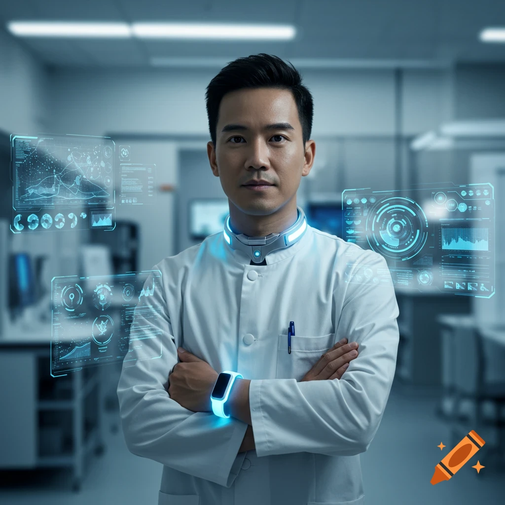 Photorealistic image of a male scientist in a modern lab with futuristic glowing collar, wristband, and holographic interfaces.