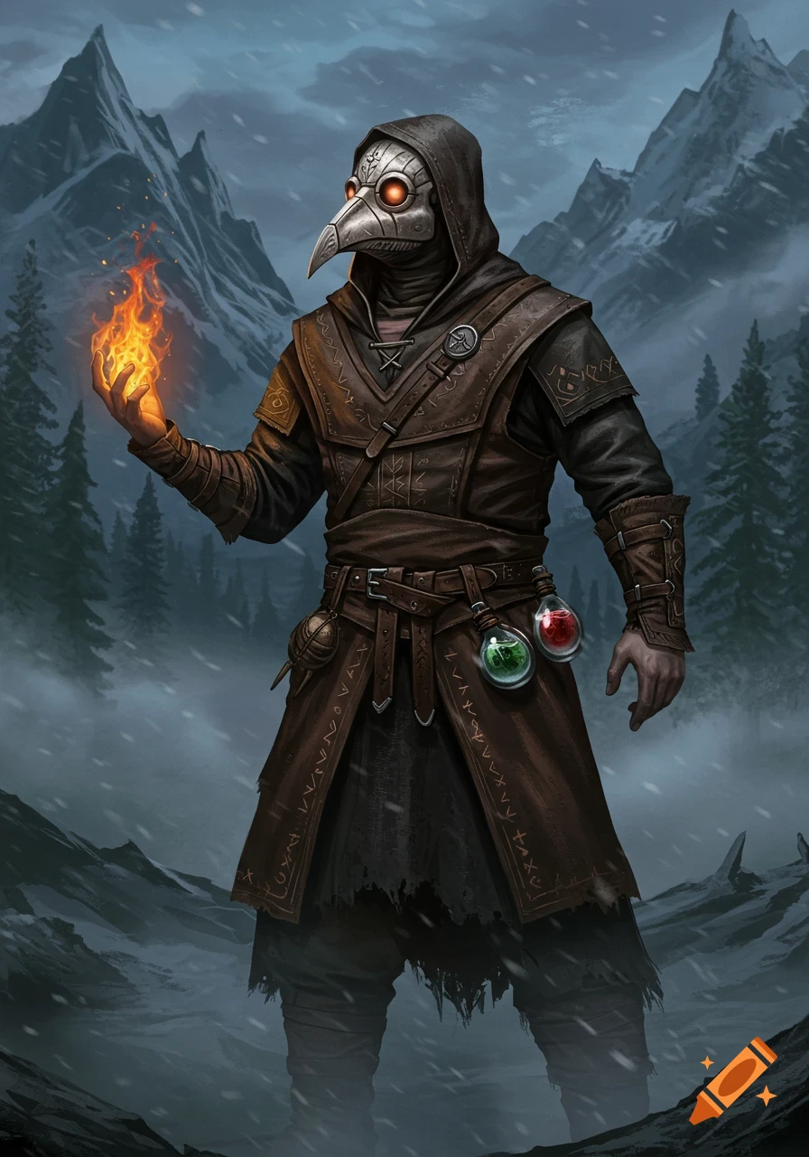 A hooded figure wearing a plague doctor mask and leather armor holds fire in a snowy mountain landscape.