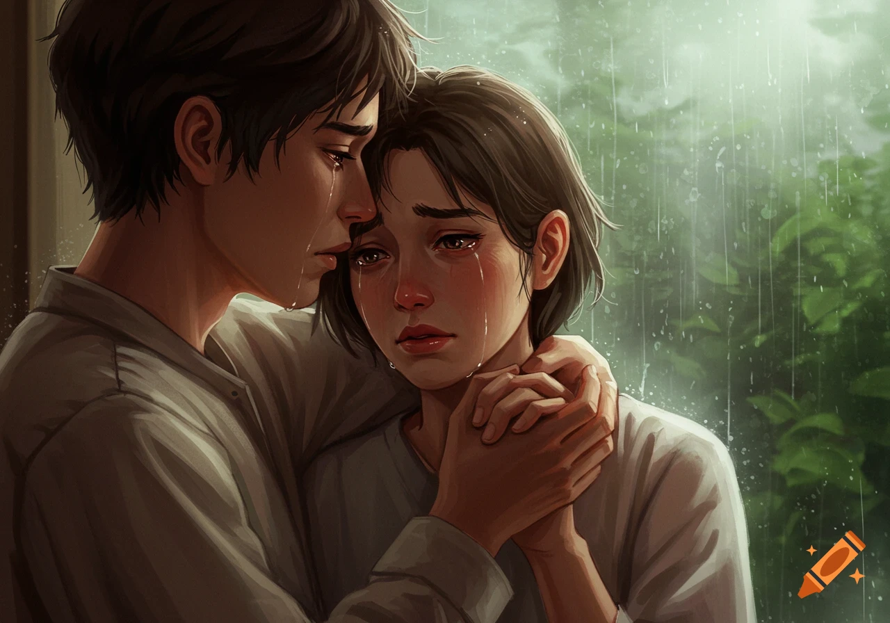An illustration of a man comforting a crying woman in an embrace, with rain visible in the background.
