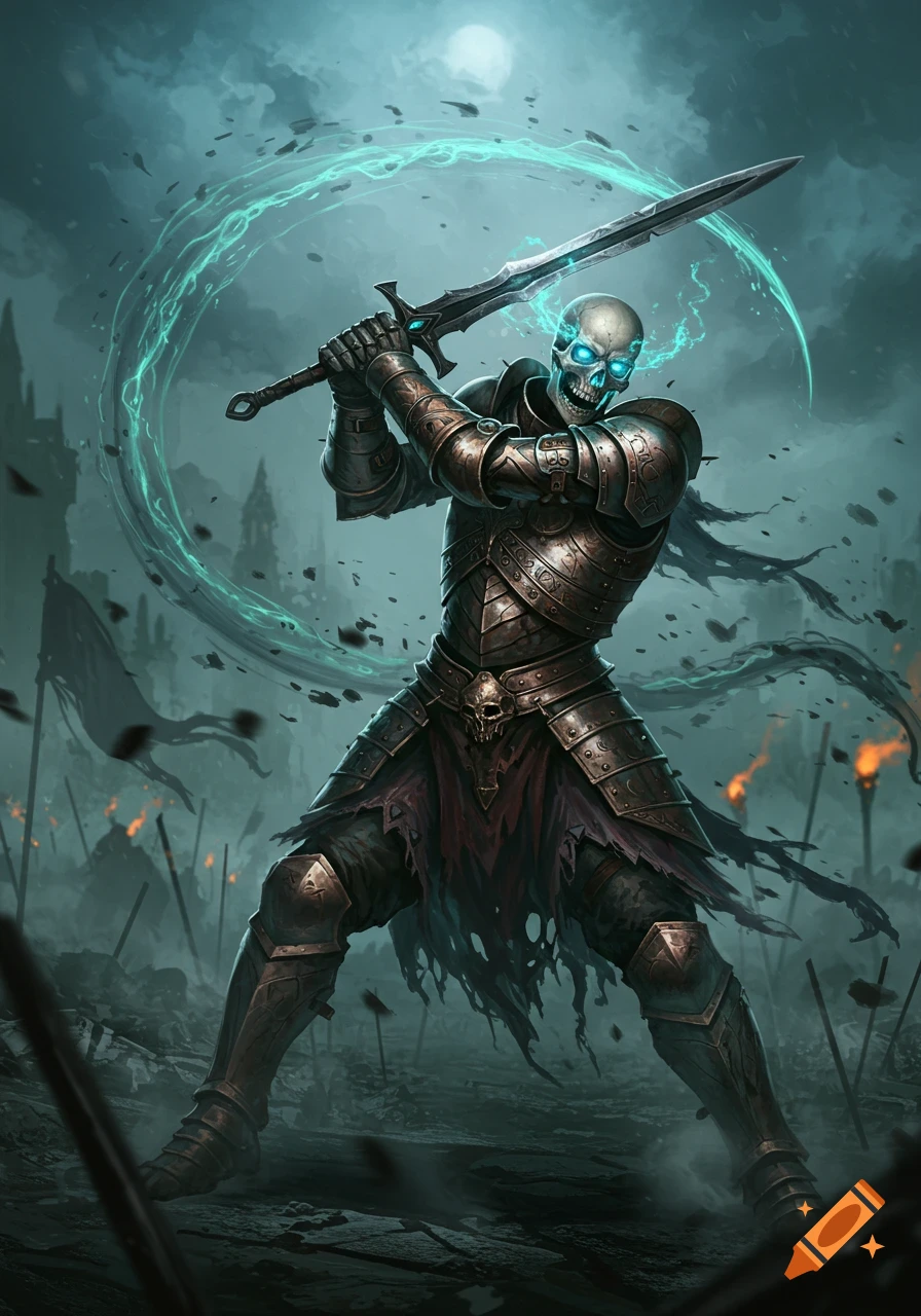 A skeletal warrior in detailed armor swings a glowing sword on a dark, ruined battlefield under a full moon.