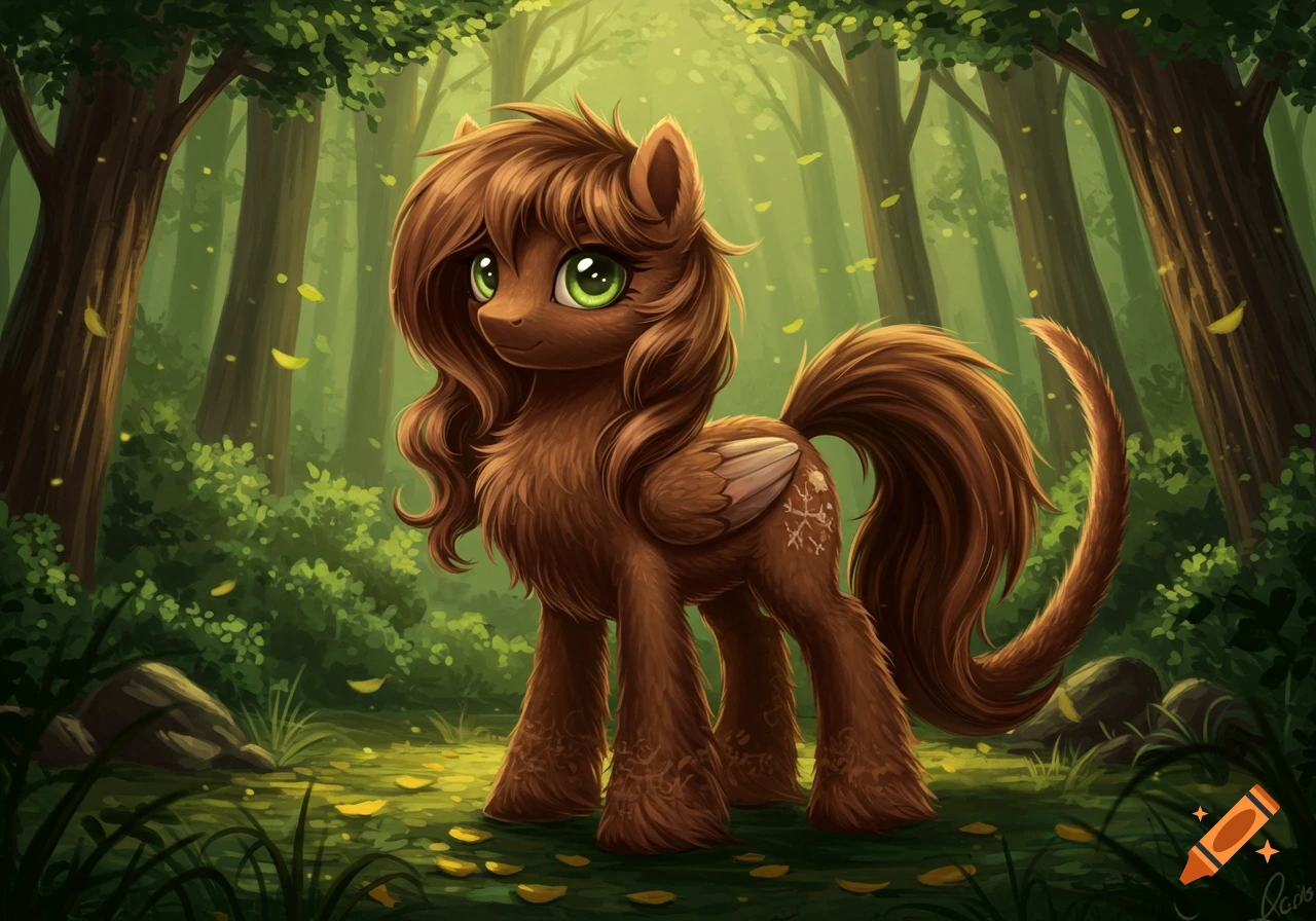 A brown My Little Pony with green eyes and fluffy fur stands in a lush green forest with falling yellow leaves, in a stylized cartoon illustration.