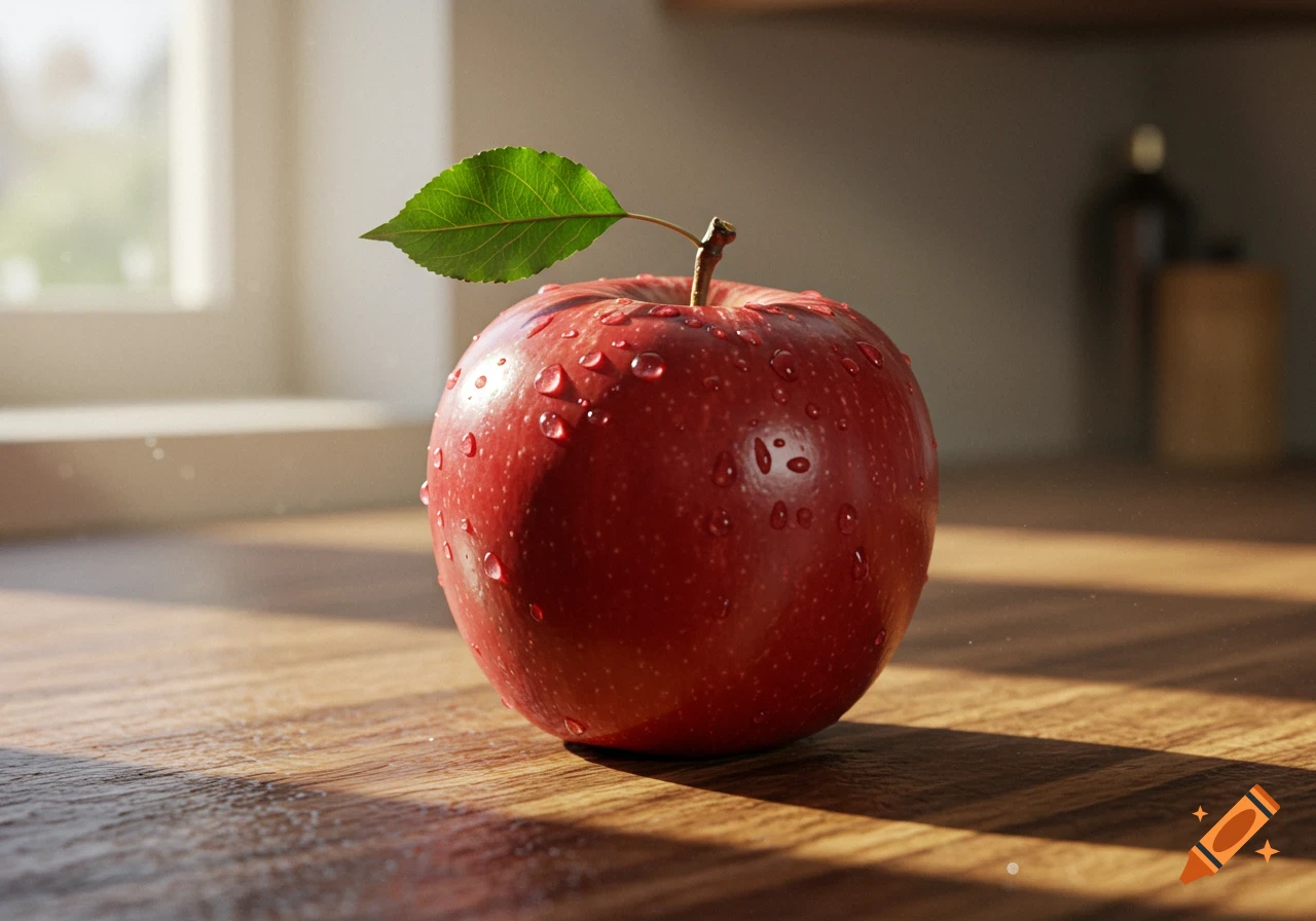 A photorealistic red apple with water droplets on a wooden countertop by a window, bathed in sunlight.