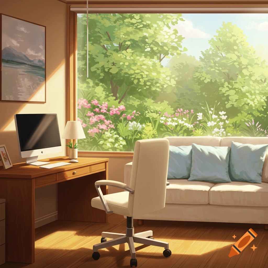 An anime-style home office with a desk, computer, and chair, next to a large window revealing a sunny, lush garden with a couch.