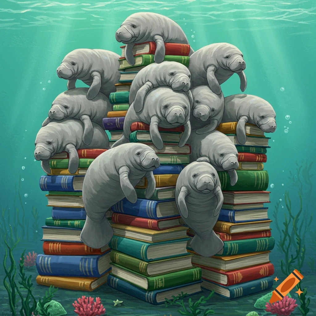 Numerous grey manatees resting on colorful stacks of books underwater with coral and plants.