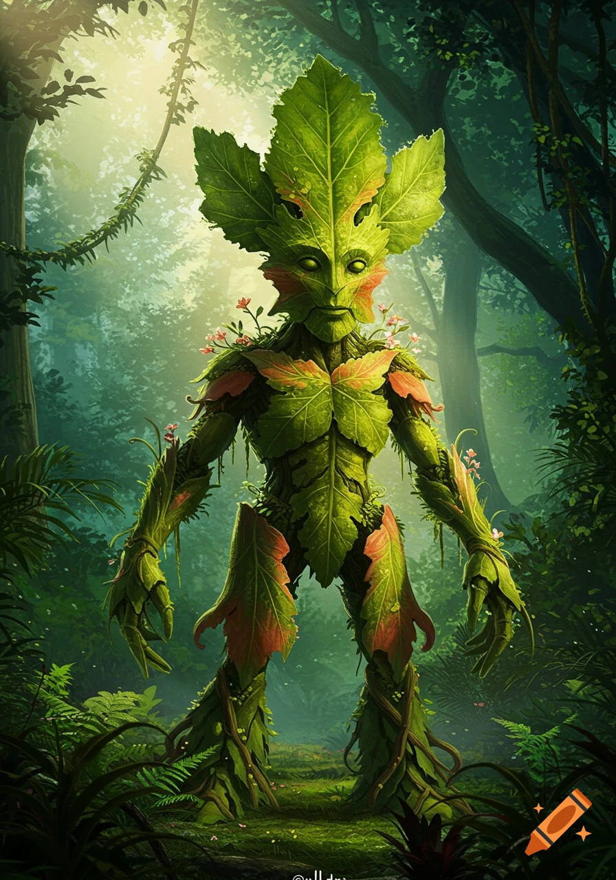 A towering plant creature with a large leaf for a face and body made of vines and leaves stands in a lush green forest.