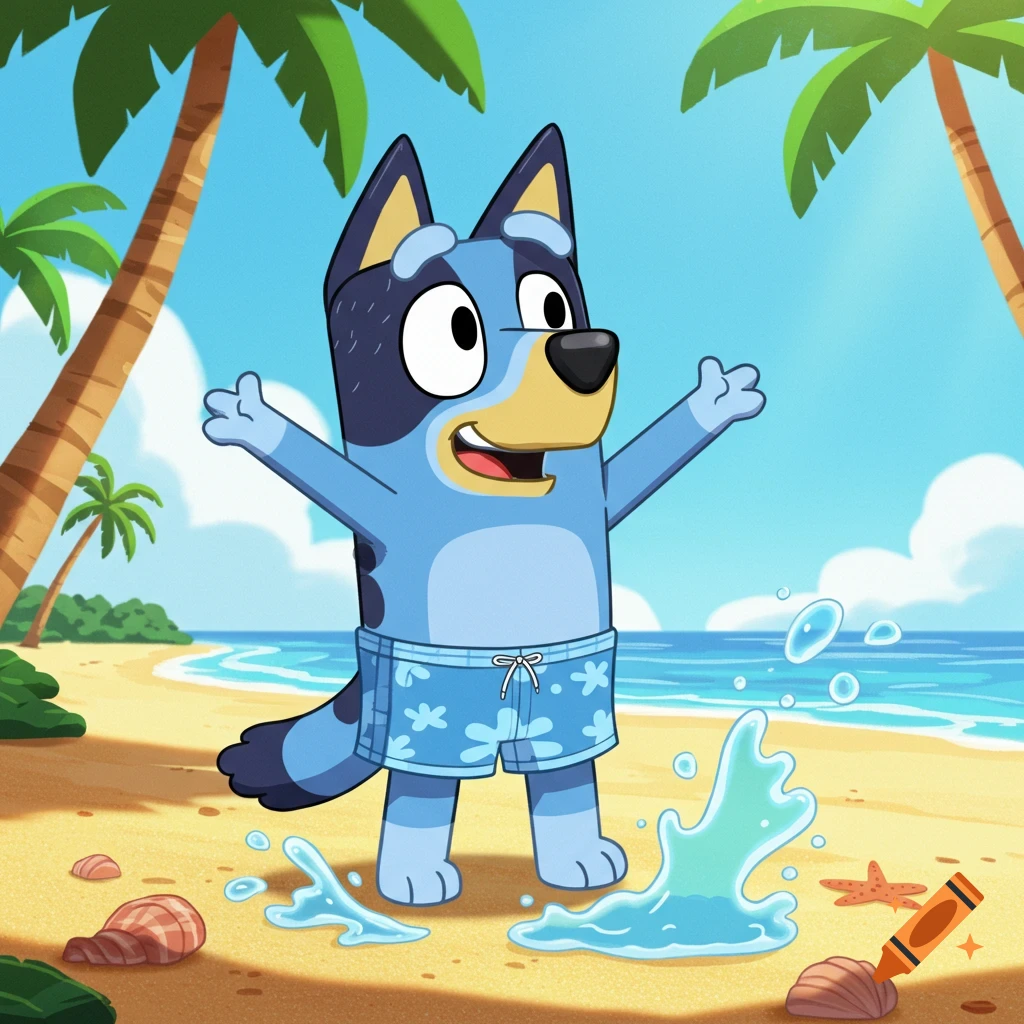 Cartoon of Bluey on a sunny beach wearing blue swimming trunks, with palm trees and ocean in the background.