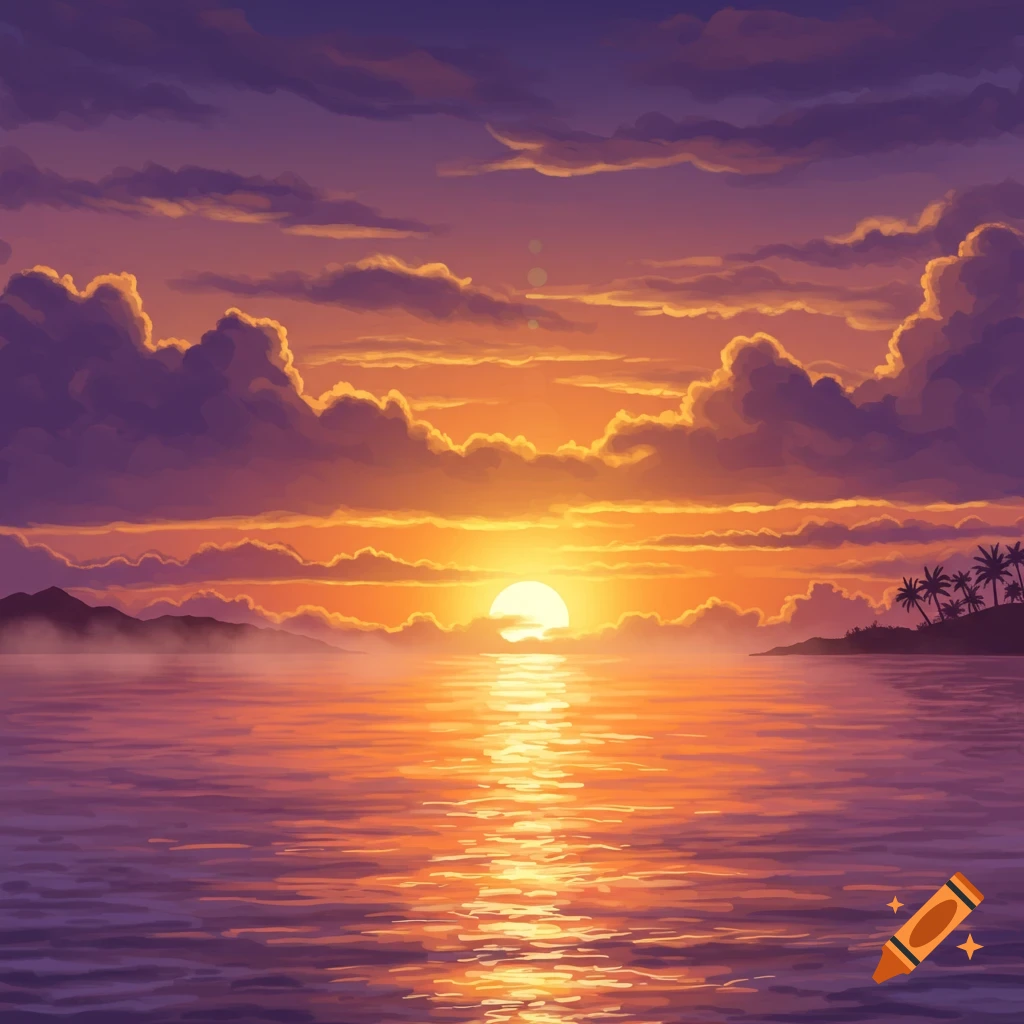 Vibrant illustration of a tropical sunset over water, with distant mountains and palm trees silhouetted against an orange and purple sky.