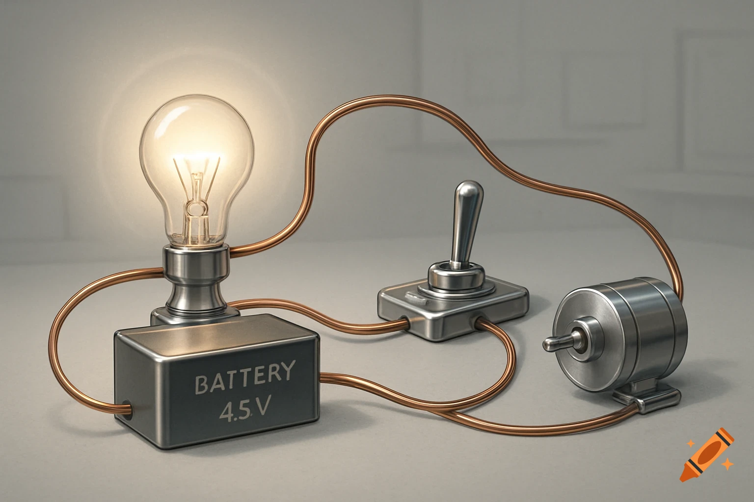 A simple electrical circuit with a glowing lightbulb, 4.5V battery, switch, and motor connected by copper wires.