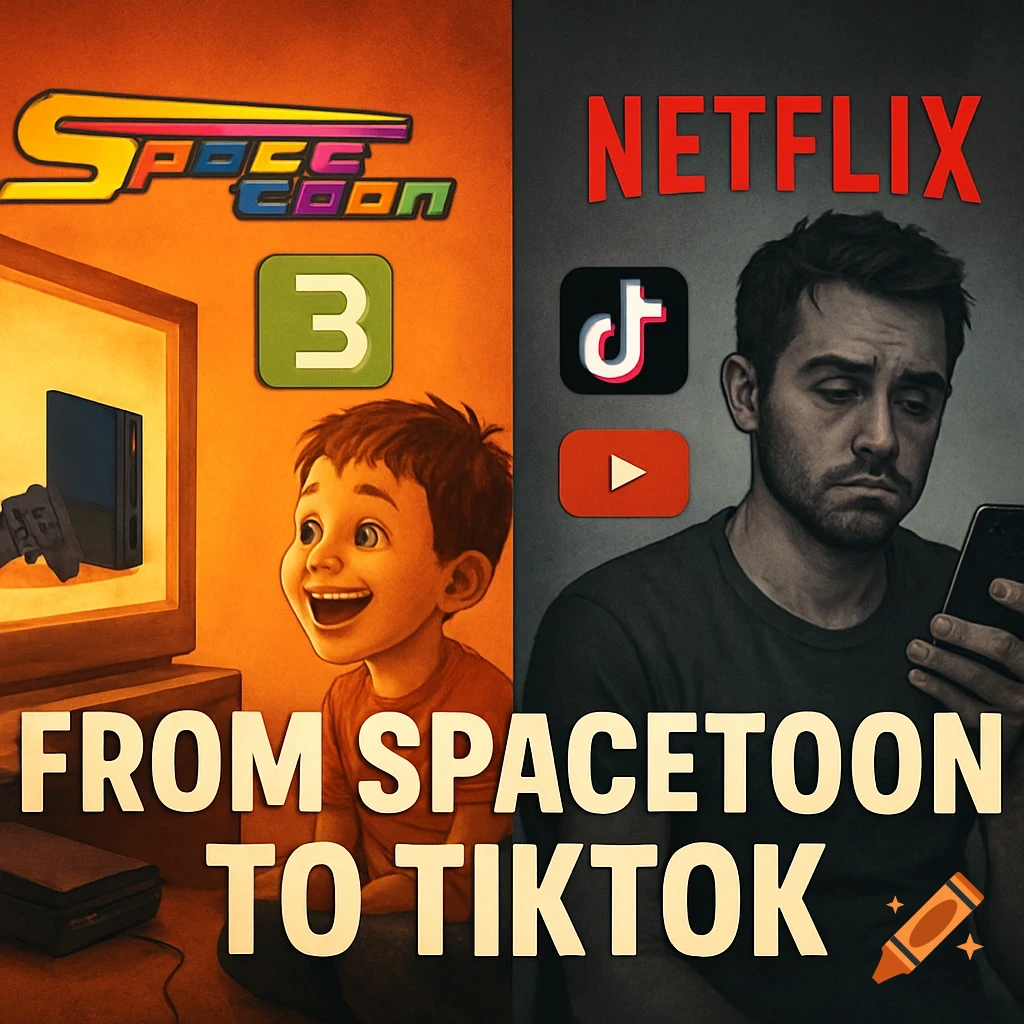 A split image shows a happy child watching TV with 'Space Toon' and '3' logos on the left, and a sad adult looking at a phone with 'NETFLIX', TikTok, and YouTube logos on the right, with text 'FROM SPACETOON TO TIKTOK' across the middle.