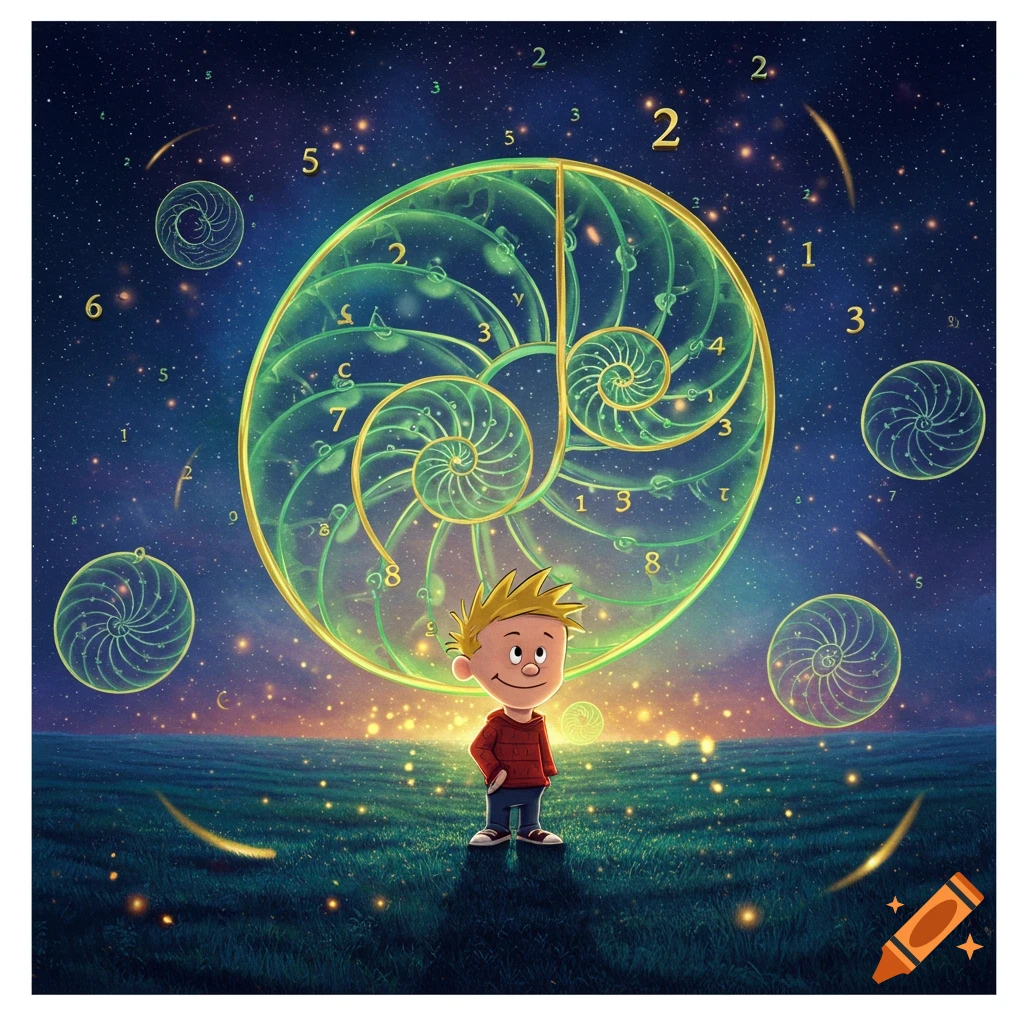 A smiling cartoon boy, Calvin, stands in a glowing green field under a starry sky, in front of a large, luminous green Fibonacci spiral filled with numbers.