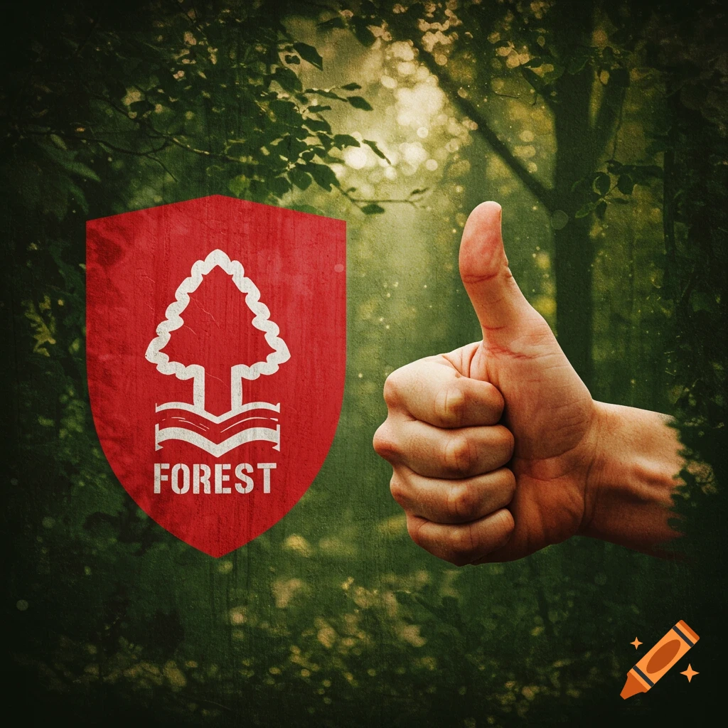 Nottingham Forest football club logo next to a thumbs-up hand, on a textured forest background.