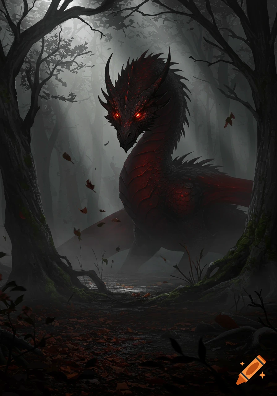 A fearsome black dragon with glowing red eyes lurks in a dark, misty forest with fallen autumn leaves.