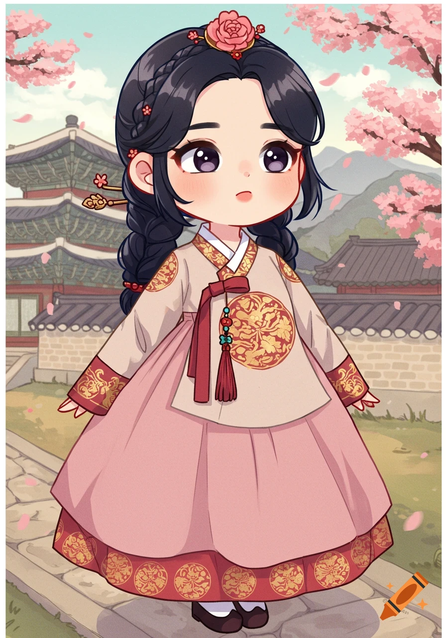 A cute chibi girl in a traditional Korean hanbok stands in front of a palace with cherry blossoms, in an illustrative style.