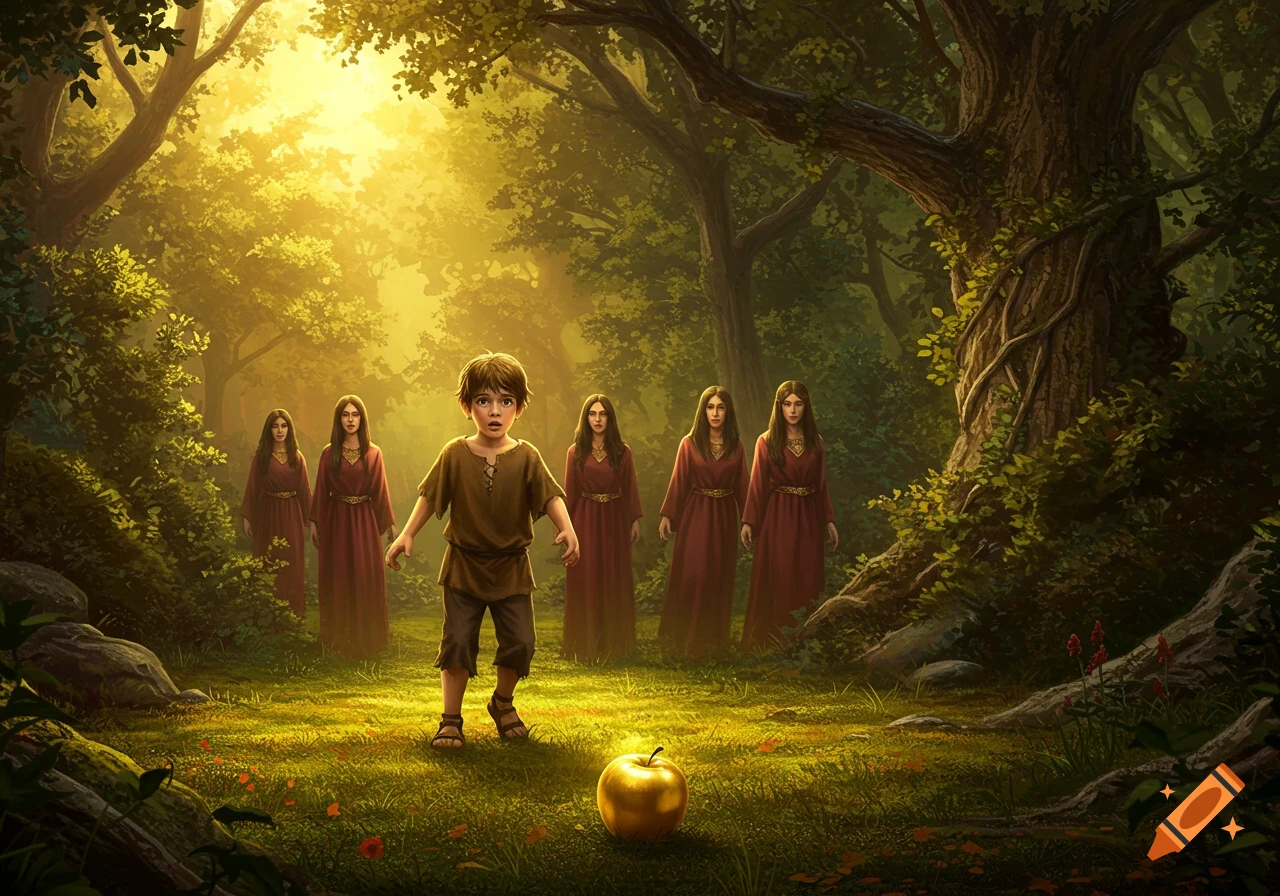 A young boy in medieval clothes stands in a sunlit forest clearing, looking at a golden apple on the ground, while women in red dresses emerge from the trees behind him.