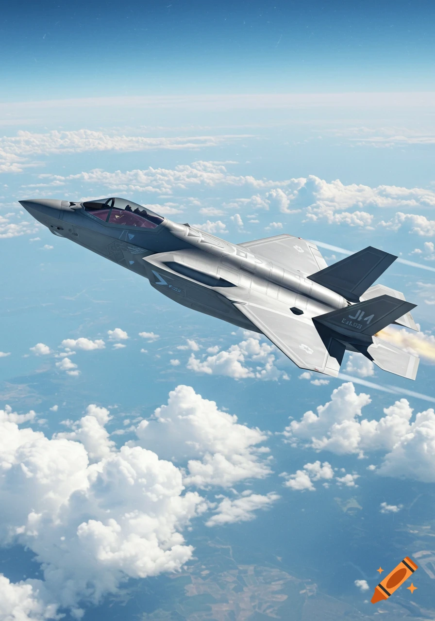A photorealistic F-35 fighter jet flies through a blue sky with white clouds, leaving a contrail.