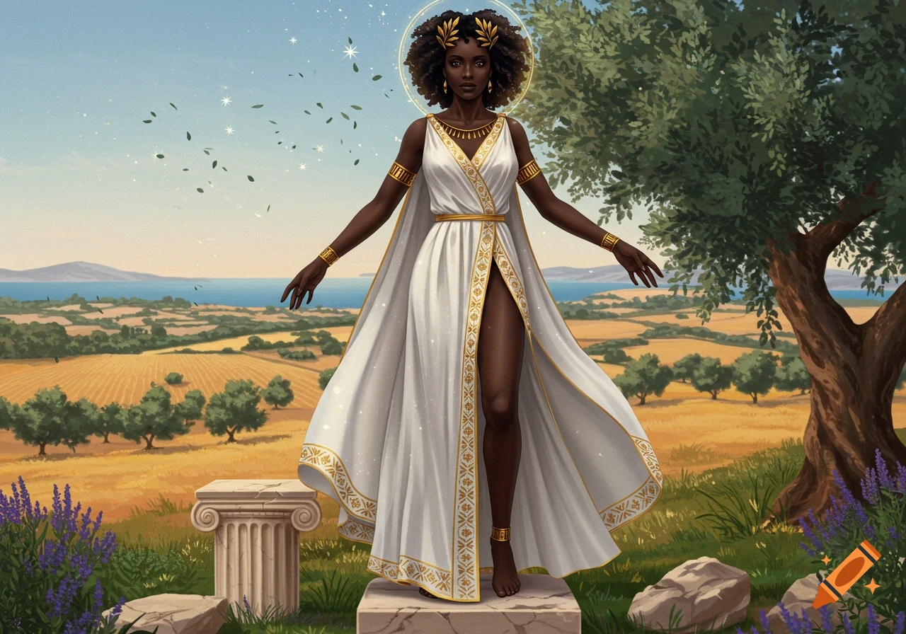 A Black Greek goddess in a white and gold gown stands on a pedestal in a sunlit Mediterranean landscape.