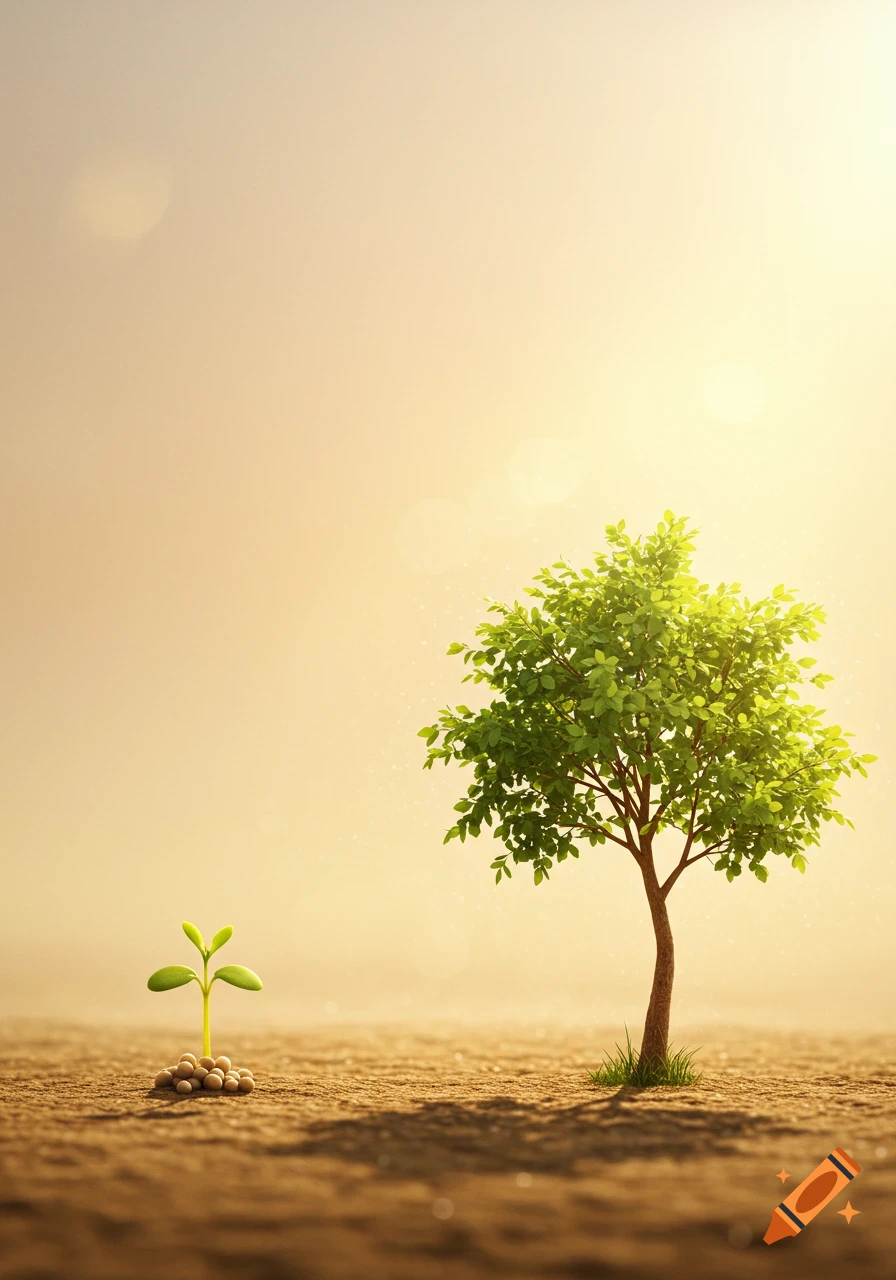 A small green sprout next to a pile of seeds and a young tree stand on dry earth under a golden, hazy sky.