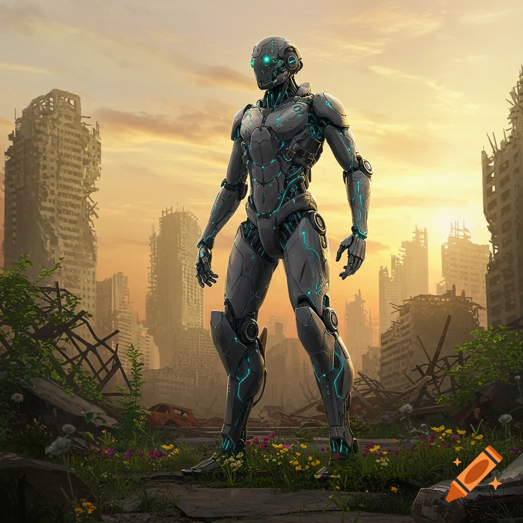 A sleek gray robot with glowing blue accents stands in a ruined city at sunset, with overgrown plants and destroyed buildings.