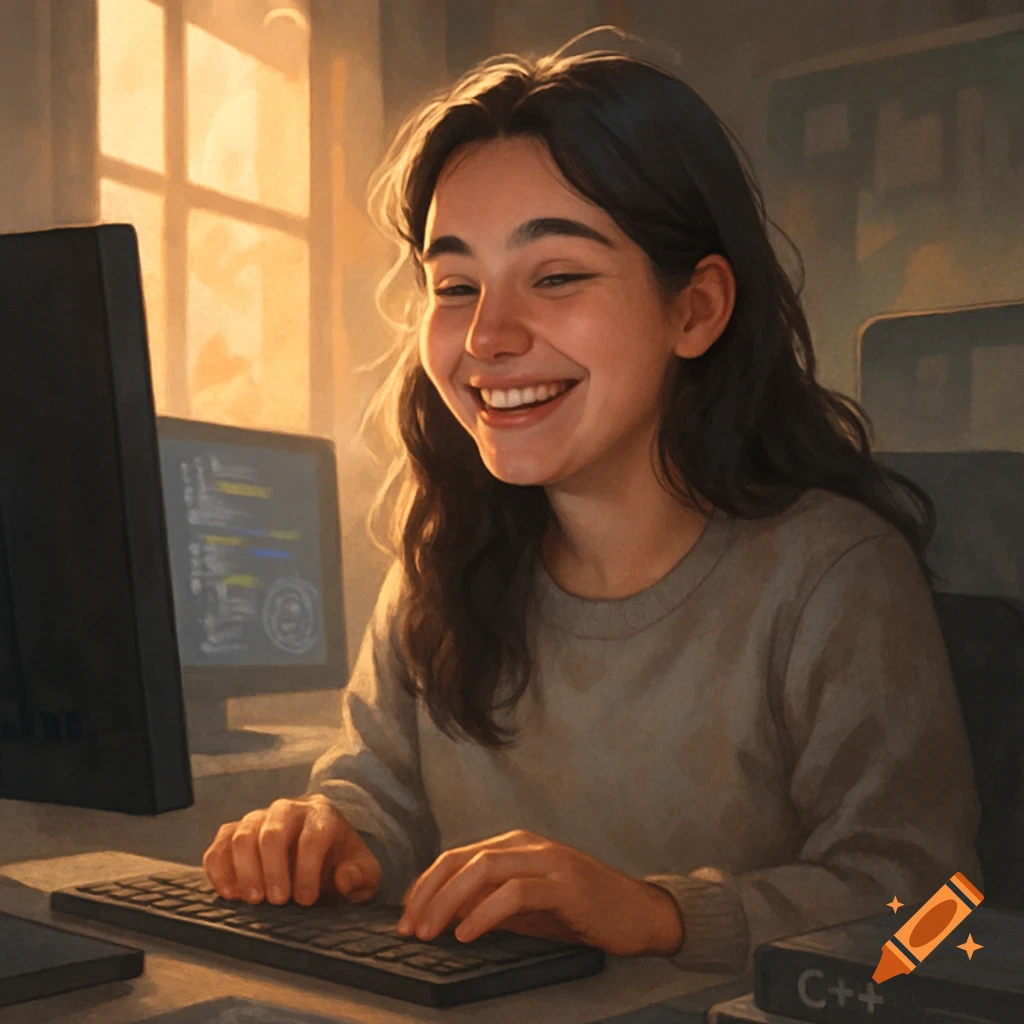 A smiling young woman with dark hair works happily at a computer in a warm, digitally painted scene.