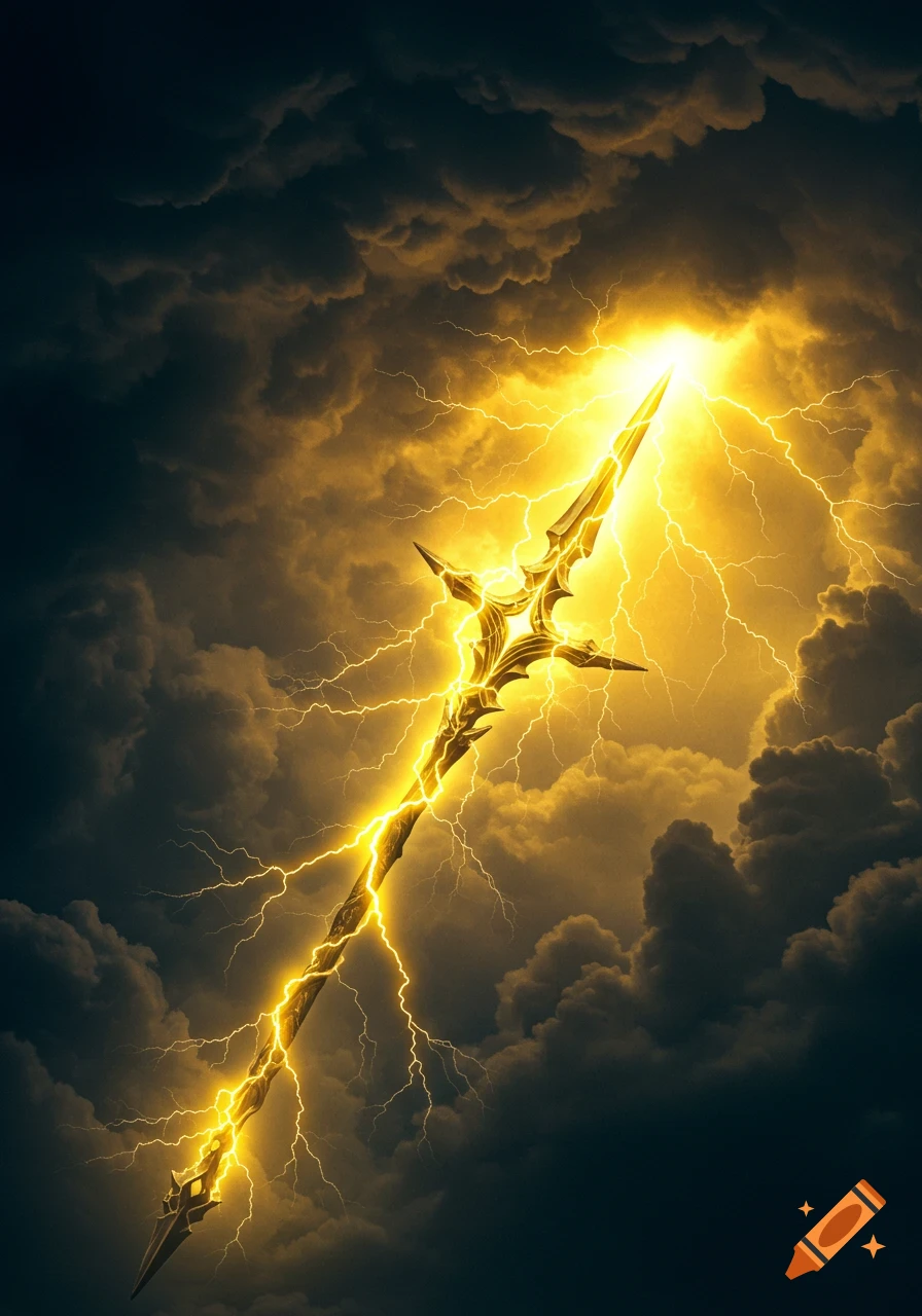 Ornate golden spear radiating bright lightning amidst dark, stormy clouds.