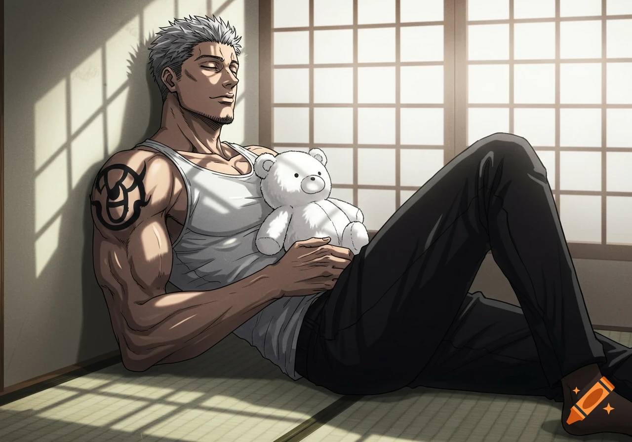 An anime-style man with white hair, in a tank top, lies by a window holding a white teddy bear, with sunlight casting shadows.