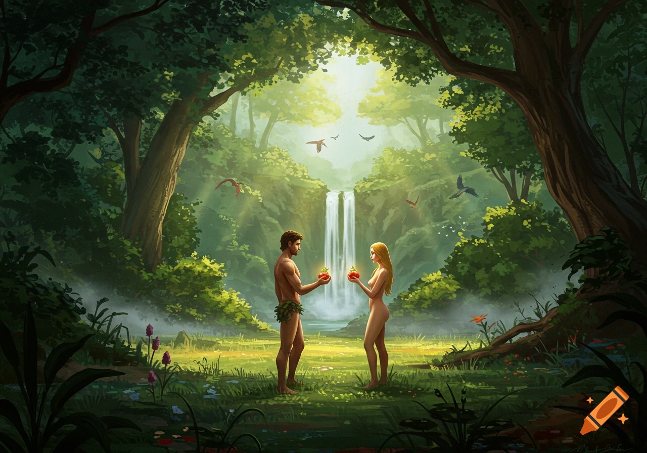 Adam and Eve in a lush forest with a waterfall, holding glowing red fruits. Illustrated in a digital painting style.