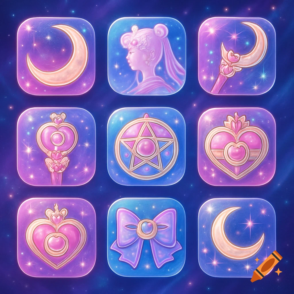 A grid of nine stylized, glittery Sailor Moon-themed app icons on a starry background.